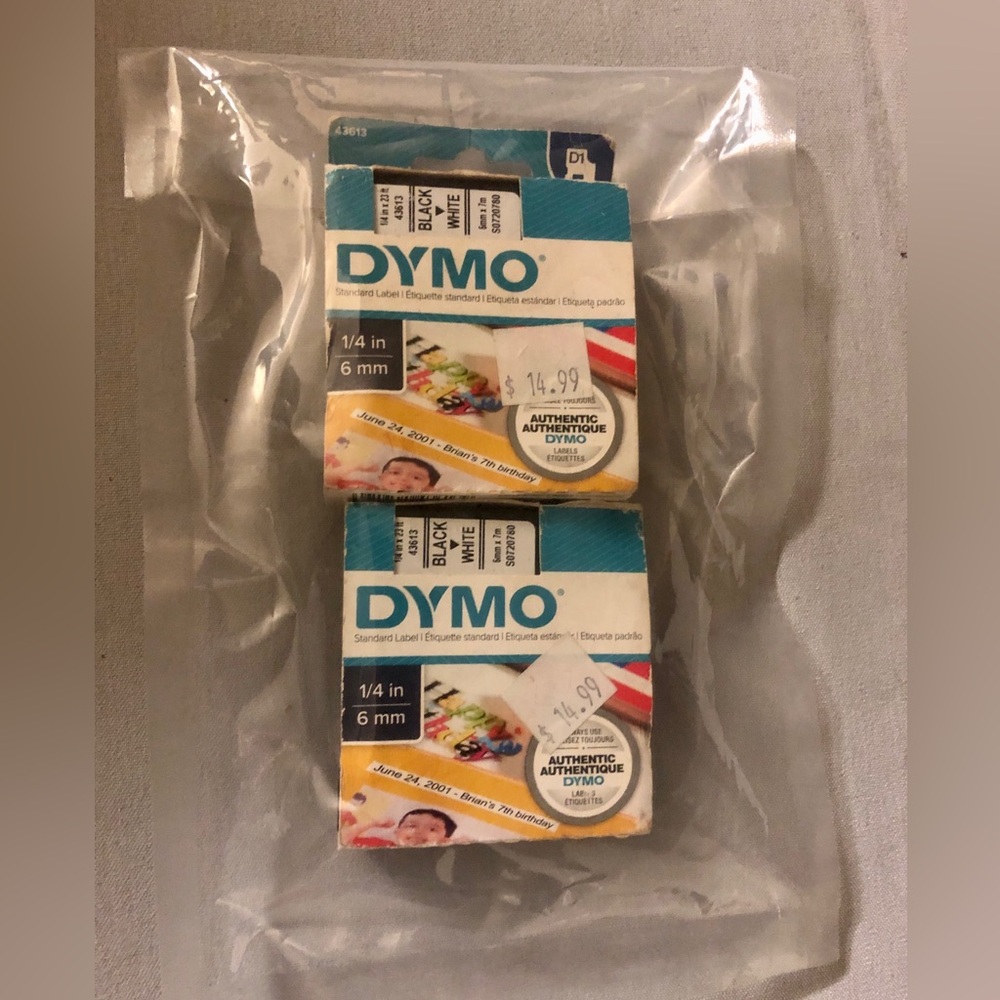 Two DYMO LABELER Cartridges. New in box. Self adhesive.